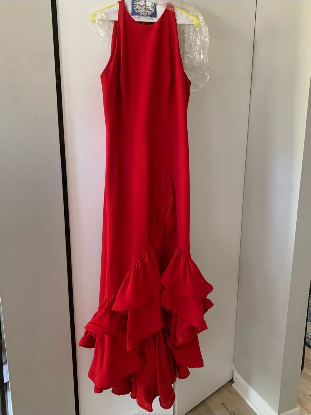 Betsy & Adam Red High-Low Ruffle Evening Gown - Picture 2 of 3